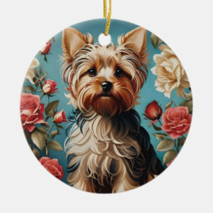 Elegant Yorkshire Terrier Portrait Rose Garden Ceramic Ornament
