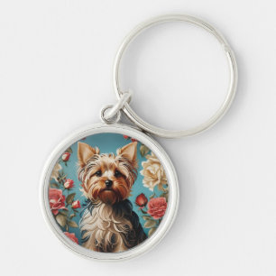 Elegant Yorkshire Terrier Portrait Rose Garden Keychain