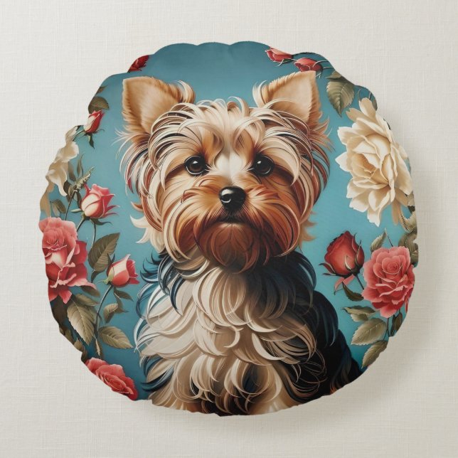 Elegant Yorkshire Terrier Portrait Rose Garden Round Pillow (Front)