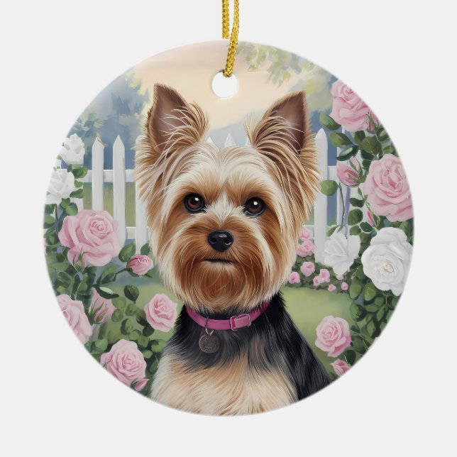 Elegant Yorkshire Terrier Rose Garden Painting Ceramic Ornament (Front)