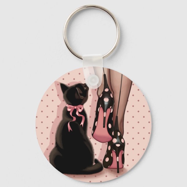 Elegant young woman and black cat keychain (Front)