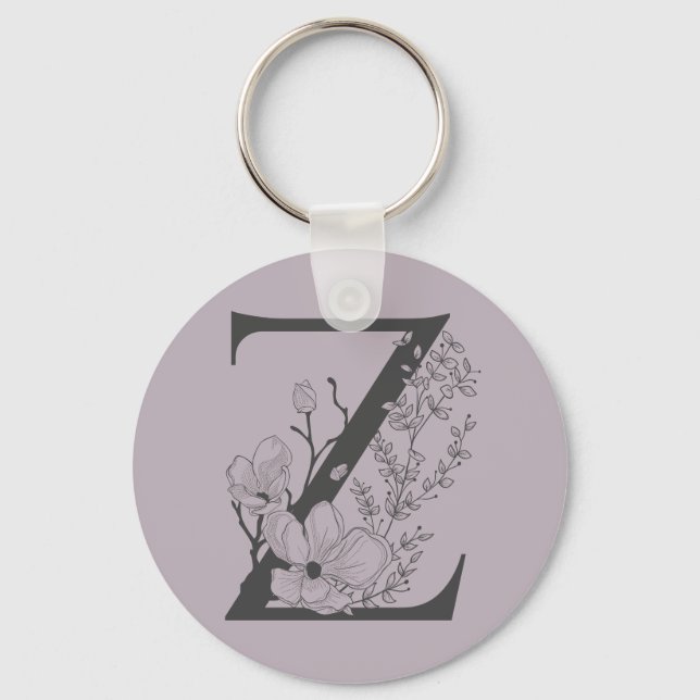 Elegant Z Boho Floral Monogram Initial Lilac Grey  Keychain (Front)