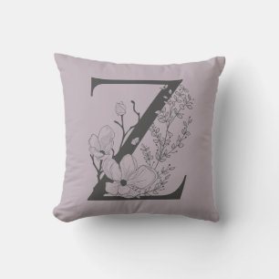 Elegant Z Boho Floral Monogram Initial Lilac Grey Throw Pillow