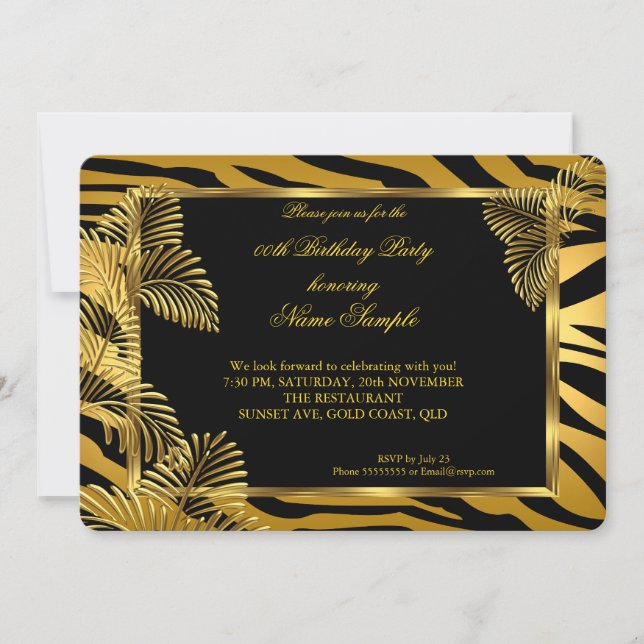 Elegant Zebra Black Gold Golden Palm Party Invitation (Front)