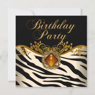 Elegant Zebra Caramel Amber Black Gold Birthday Invitation