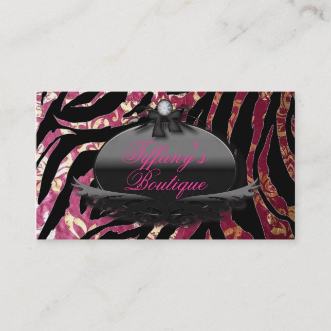 Elegant Zebra fuchsia Damask Fashion Business Card (Front)