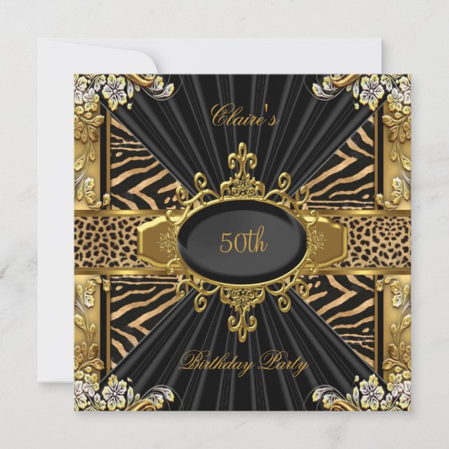 Elegant Zebra Gold Leopard 50th Birthday Party Invitation (Front)