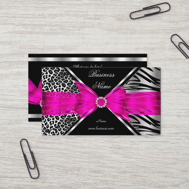 Elegant Zebra Leopard Black Hot pink 2 Business Card (Front/Back In Situ)