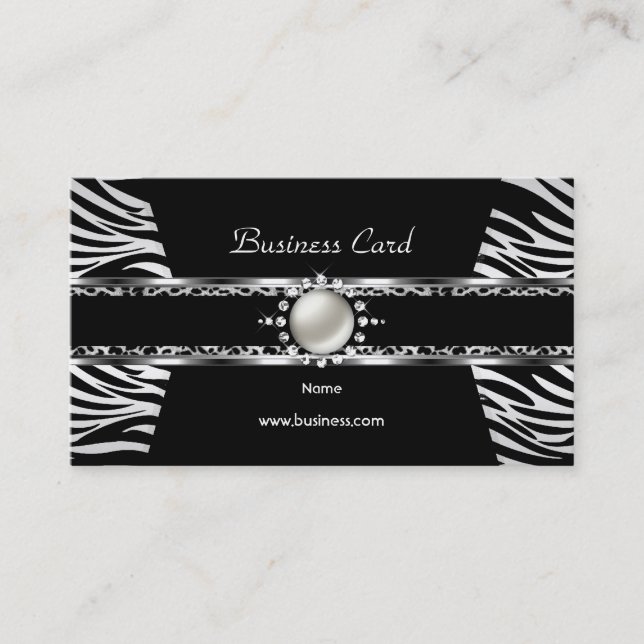Elegant Zebra Leopard Black Silver Diamond Pearl Business Card (Front)