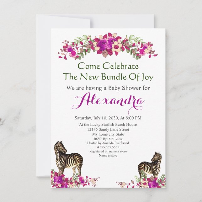 Elegant Zebra Pink Floral Baby Shower invitation (Front)