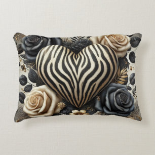 Elegant Zebra Print Heart & Roses Accent Pillow