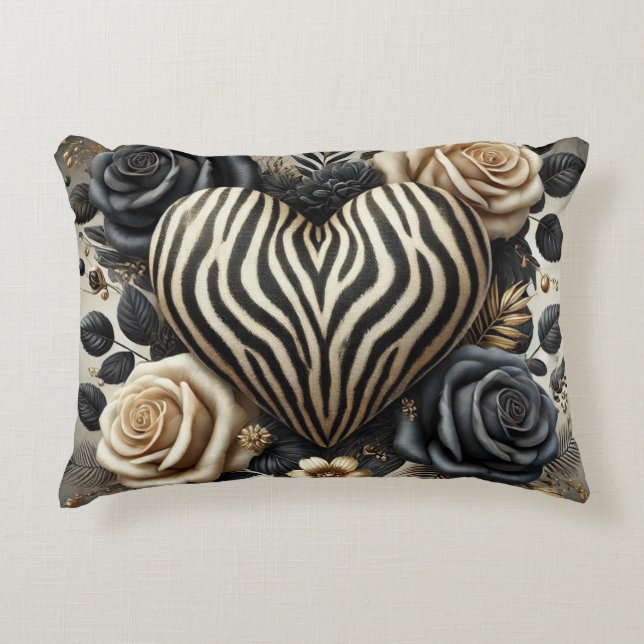 Elegant Zebra Print Heart & Roses Accent Pillow (Front)
