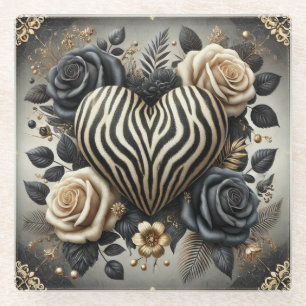 Elegant Zebra Print Heart & Roses Glass Coaster