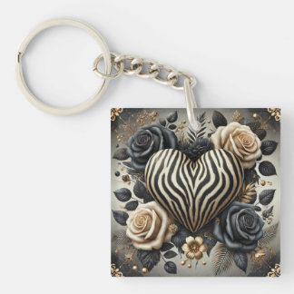Elegant Zebra Print Heart & Roses Keychain