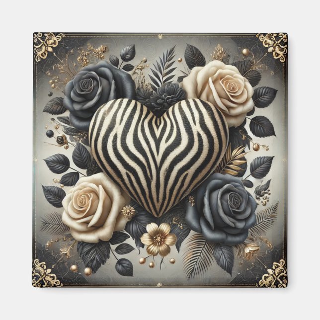 Elegant Zebra Print Heart & Roses Magnet (Front)