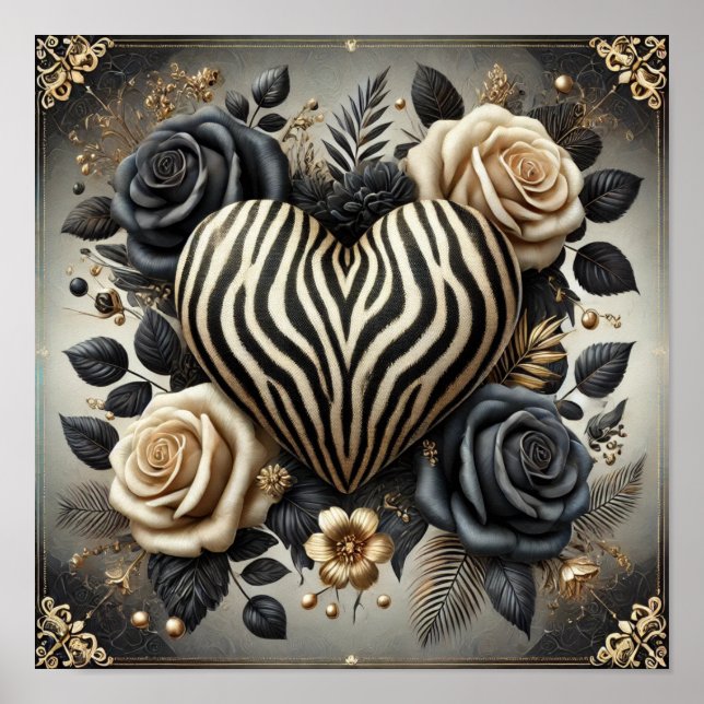 Elegant Zebra Print Heart & Roses Poster (Front)