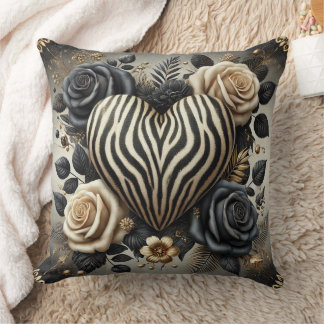 Elegant Zebra Print Heart & Roses Throw Pillow
