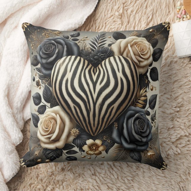 Elegant Zebra Print Heart & Roses Throw Pillow (Blanket)