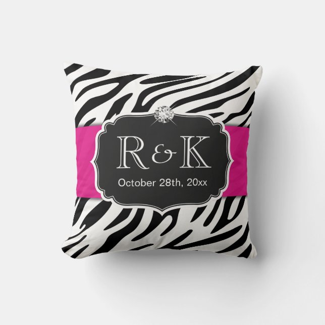 Elegant Zebra Print Hot Pink Wedding Initials Date Throw Pillow (Front)