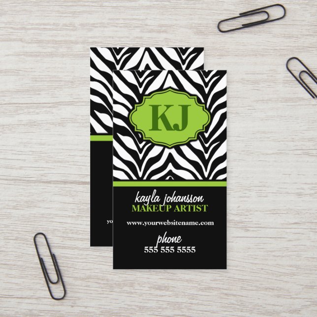 Elegant Zebra Print Monogram Business Card (Front/Back In Situ)