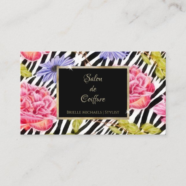 Elegant Zebra Print Pink Floral Gold Frame Salon Business Card (Front)