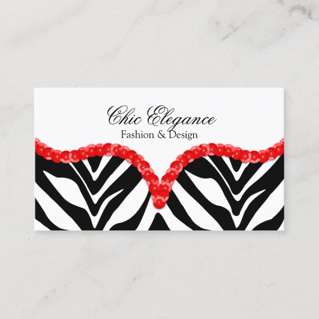 Elegant Zebra Print & Sequins Look Business Card (Front)