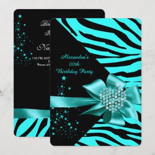 Elegant Zebra Teal Silver Heart Jewel Birthday Invitation