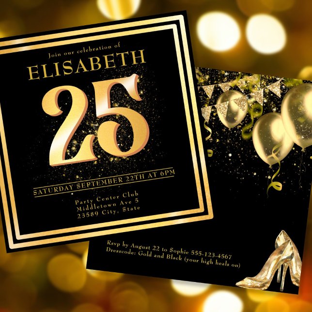 Élégante 25ème médaille d'or Noir Invitation d'ann (Elegant 25th Gold Black Birthday Invitation.)
