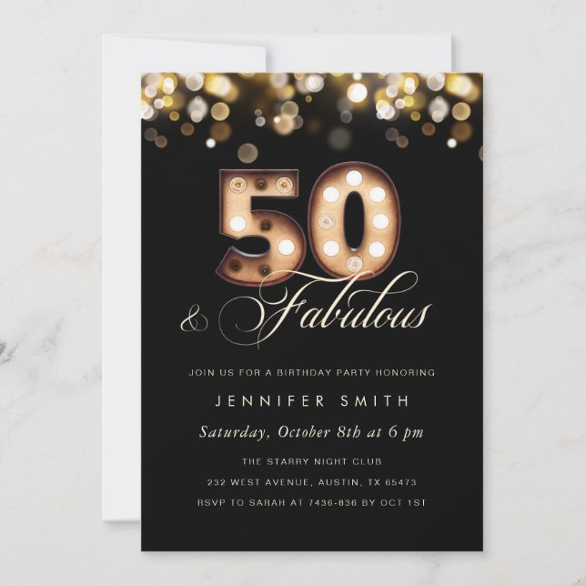 Élégante 50e anniversaire Invitation Noir et Or (Devant)
