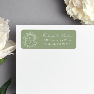 Élégante adresse de mariage au monogramme vert sau