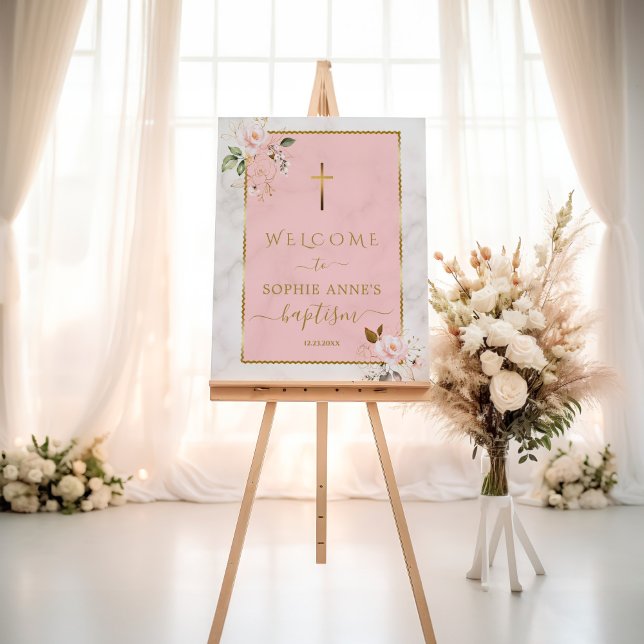 Élégante Affiche de bienvenue de Baptême Or Fleurs (Créateur téléchargé)