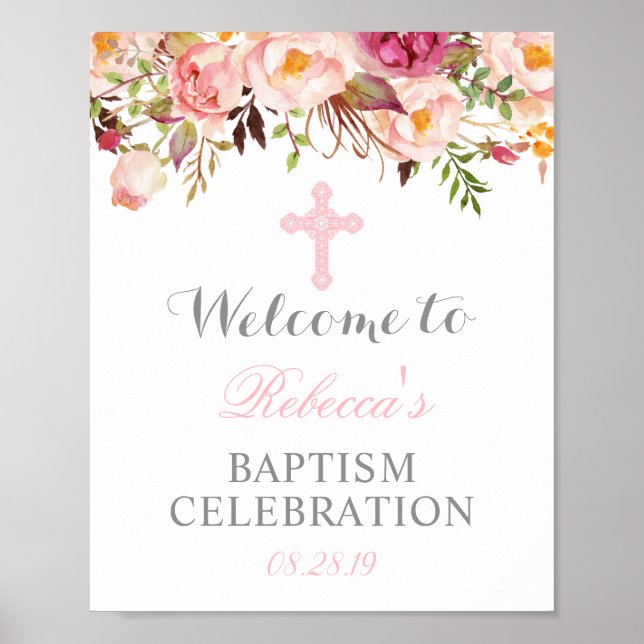 Élégante Affiche de bienvenue du baptême floral (Devant)