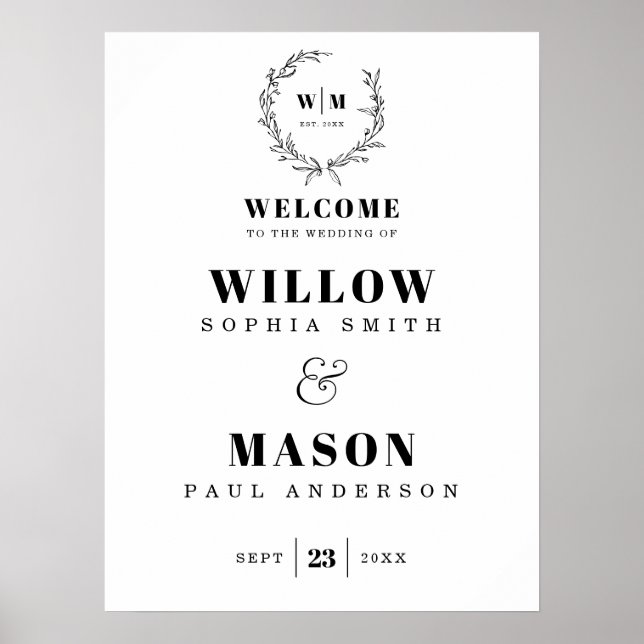 Élégante Affiche de bienvenue Mariage de monogramm (Devant)