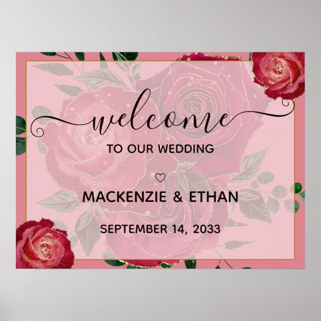 Élégante Affiche de bienvenue Mariage de Roses rou (Devant)