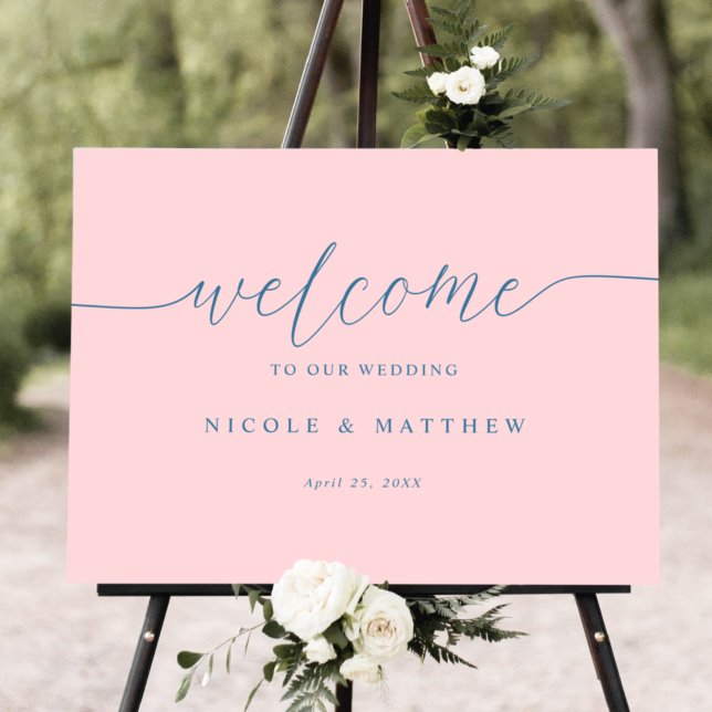 Élégante Affiche de bienvenue Mariage rose et bleu (Créateur téléchargé)