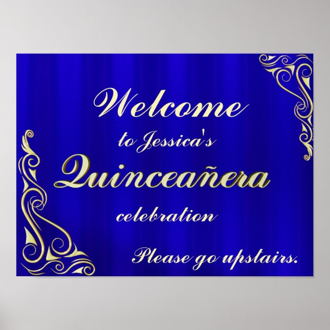 Elégante Affiche de bienvenue or et bleu Quinceane (Devant)