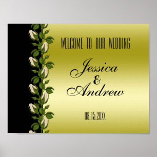 Élégante affiche de mariage florale chic or et noi