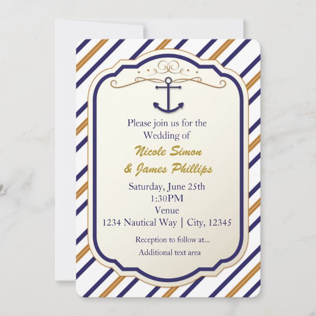 Elégante Ancre nautique Bleu Blanc Or Invitation (Devant)
