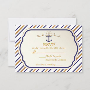 Elégante Ancre nautique Gold Blue blanc carte RSVP