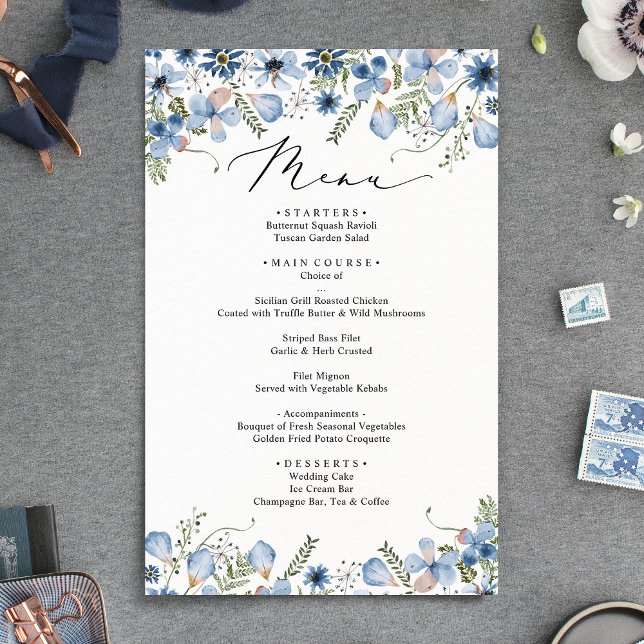 Elégante aquarelle bleu Dusty Menus Mariages flora (Créateur téléchargé)