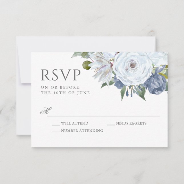 Elégante aquarelle bleu et blanc Floral RSVP (Devant)