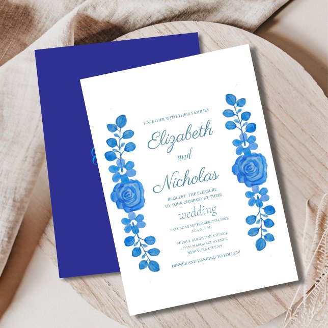Elégante aquarelle bleu faire-part de mariage flor (Créateur téléchargé)