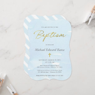 Elégante Aquarelle Bleue et Invitation Baptême Or