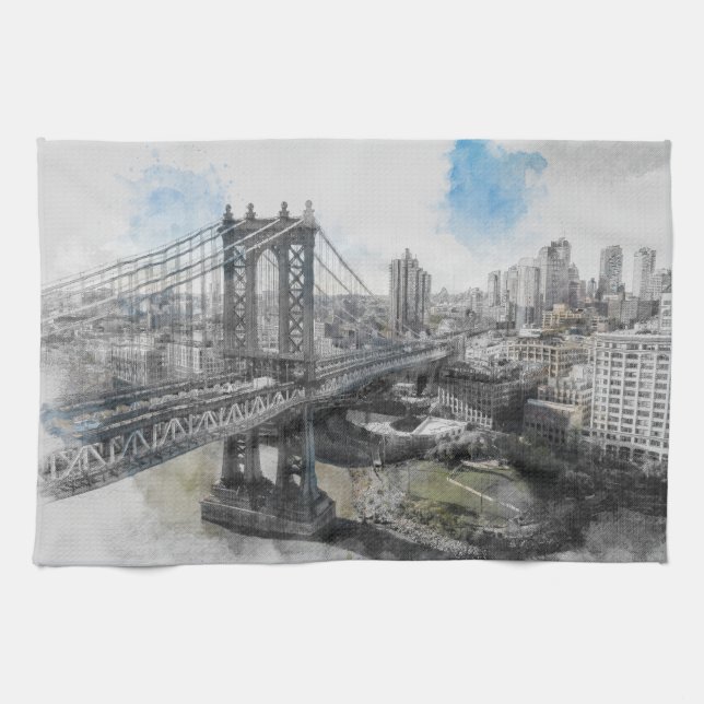 Elégante aquarelle Brooklyn Bridge Serviettes de c (Horizontal)