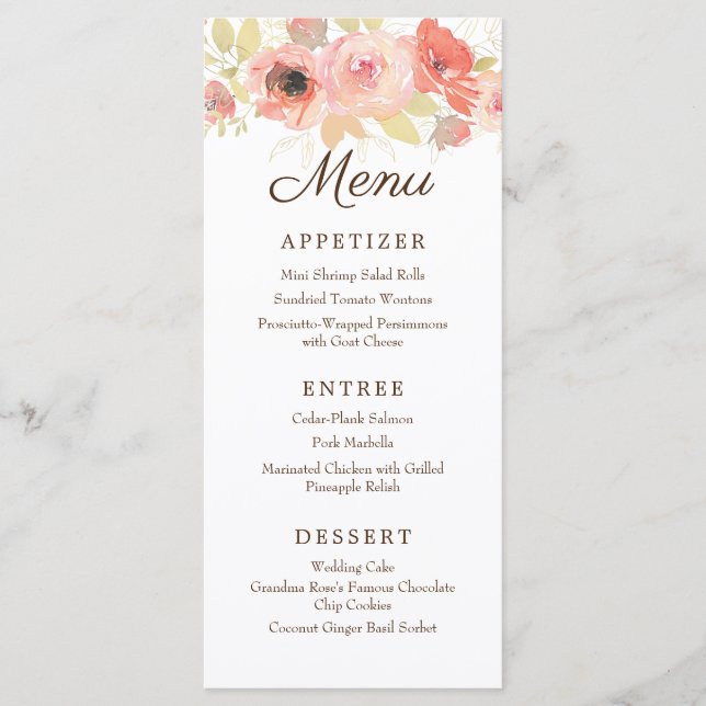 Elégante aquarelle Coral & Or Rose Mariage Menu (Devant)