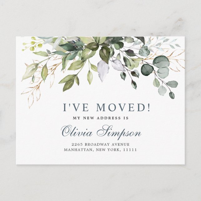 Elégante aquarelle Eucalyptus Moving Faire-part (Devant)