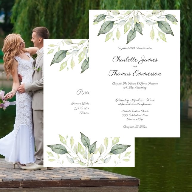 Elégante aquarelle Feuilles verts Faire-part de ma (Wedding Soft Watercolor Green Leaves Elegant Invitation)