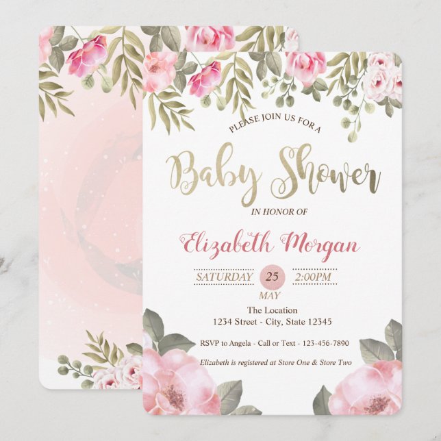 Elégante aquarelle Floral Baby shower Invitation (Devant / Derrière)