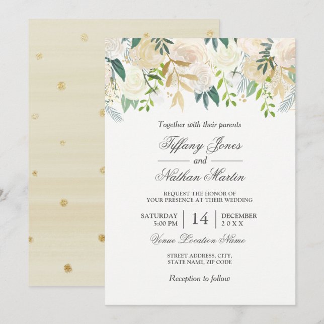 Elégante aquarelle Floral Gold Faire-part de maria (Devant / Derrière)