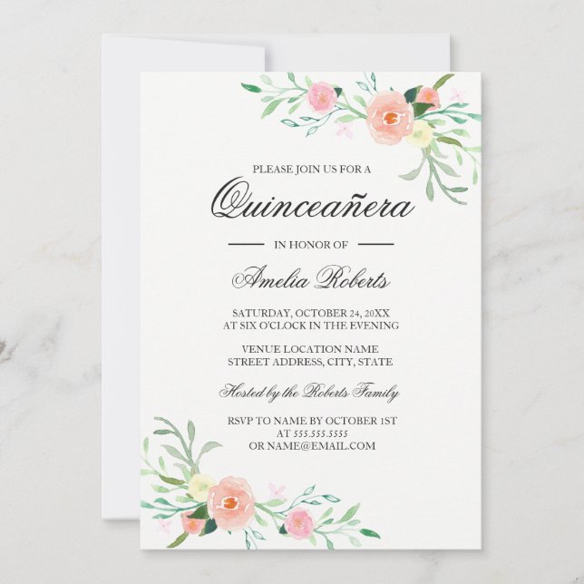 Elégante aquarelle Floral Quinceanera Invitation (Devant)